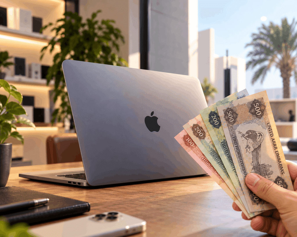 Sell MacBook in Dubai for cash with UAE dirham money beside a MacBook