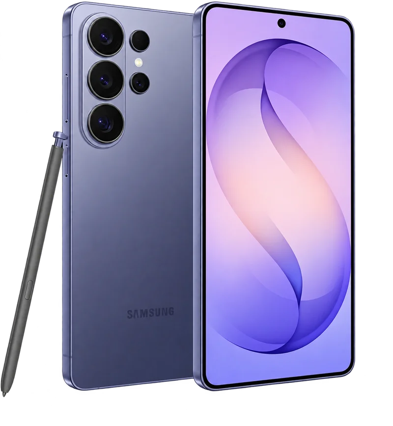 Samsung Galaxy S26 Ultra front and rear in Cobalt Violet with S Pen