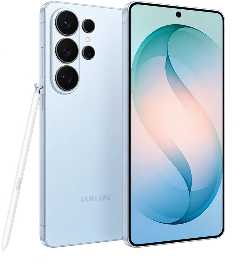 Samsung Galaxy S26 Ultra front and rear in Sky Blue with S Pen